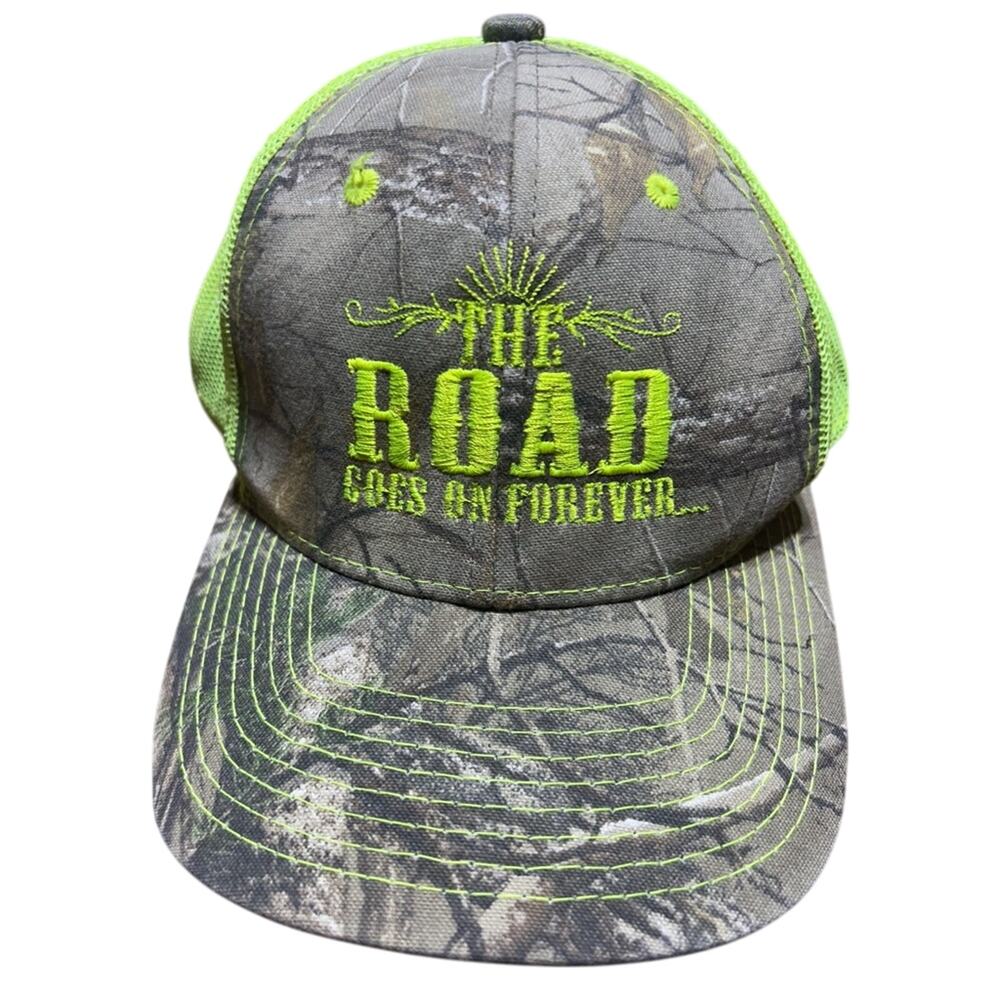 Realtree Camouflage trucker hat neon yellow mesh back The Road goes on Forever